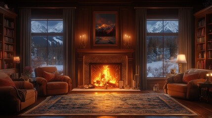 Fototapeta premium Cozy living room with a fireplace and mountain view.