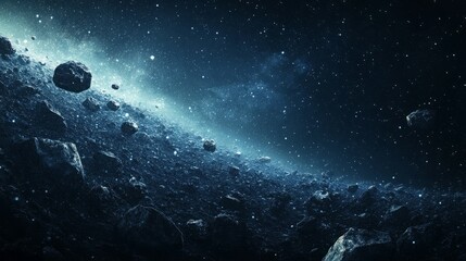 Fototapeta premium A field of asteroids in space, against a backdrop of stars.