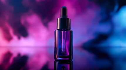 a futuristic holographic serum bottle with a matte black finishing