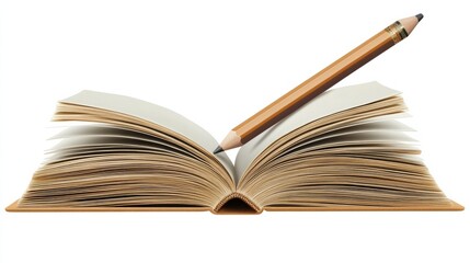 Fototapeta premium An open book with a pencil resting on top, symbolizing study and learning, isolated on a transparent background.
