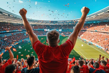 Vibrant soccer stadium scene captures a triumphant moment as a man in red jersey raises arms in celebration amidst cheering fans and confetti-filled air, evoking excitement and joy.