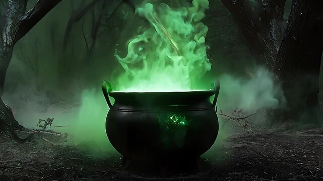 Mysterious green cauldron bubbles in an eerie forest at night