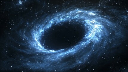A black hole in space with glowing blue gas.