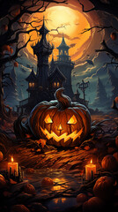 Halloween jack-o'-lantern in front of a spooky castle. AI generated illustration
