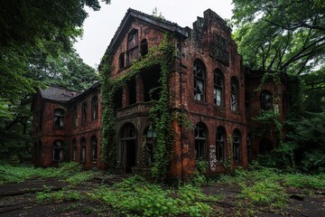 A crumbling mansion overtaken by nature, with vines and trees growing through the walls and windows, representing the reclaiming of urban spaces by the environment