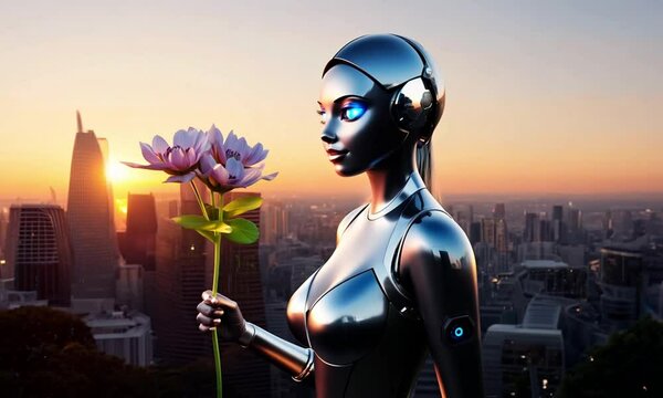 A sleek, silver-skinned woman AI humanoid robot with glowing blue eyes, standing in a futuristic cityscape at sunset