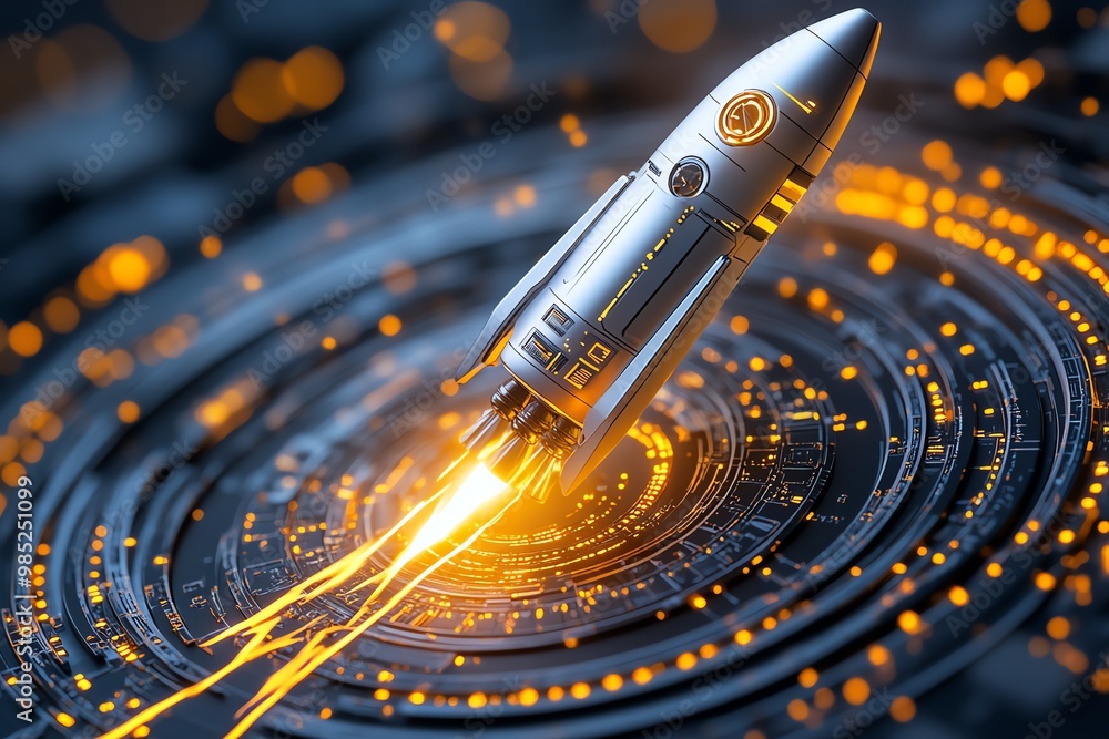 Poster Futuristic rocket with glowing trails, symbolizing fast scaling and success for startups in an accelerator program