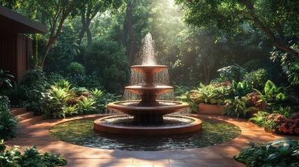 Serene garden fountain surrounded by lush greenery and plants.