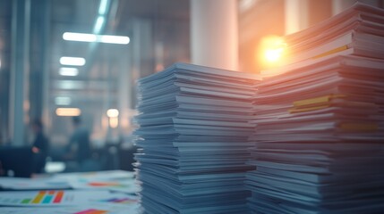 Stacked Papers in Modern Office Environment