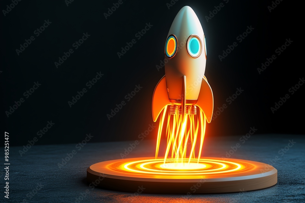 Poster Futuristic rocket with glowing trails, symbolizing fast scaling and success for startups in an accelerator program