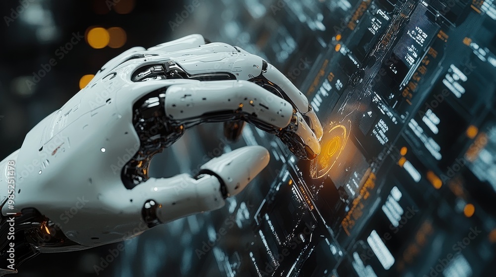 Poster forex trading new business concept robot pressing button on virtual screenrender