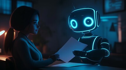 A woman and a futuristic robot interact, the robot handing her a document.