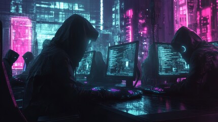 Cyberpunk Hackers in Neon Environment