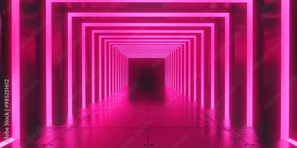 Aufkleber pink neon light tunnel background with futuristic design. electric lights glow in dark corridor. vib