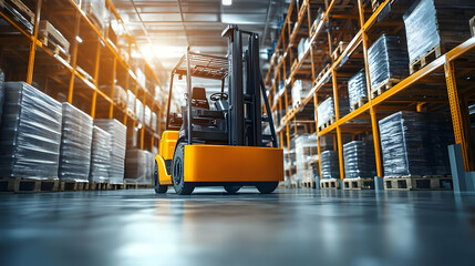 Warehouse Forklift Moving Through Storage Racks Realistic Image