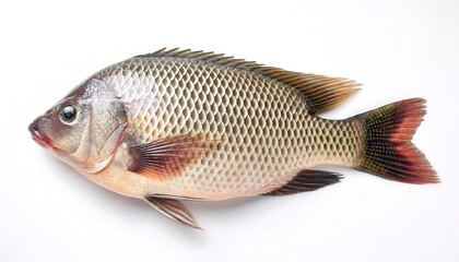 Obraz premium Tilapia are freshwater cichlid fish inhabiting shallow streams, ponds, rivers, and lakes. a popular and affordable food around the world. Isolated on white background with copy space.