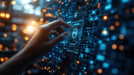 human resources hr management recruitment employment headhunting concept robot pressing button on virtual screenrender