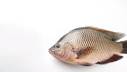 Obraz premium Tilapia are freshwater cichlid fish inhabiting shallow streams, ponds, rivers, and lakes. a popular and affordable food around the world. Isolated on white background with copy space.