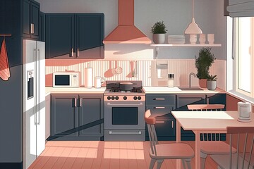 Modern kitchen with monochromatic color palette. Grey shelves, stainless steel appliances, marble countertop, sleek design. Industrial style island with utensil storage. Stylish, sleek cabinet, open