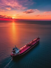 Naklejka premium Red cargo ship sails on calm sea during golden hour. Aerial shot of tanker vessel on ocean horizon. Sunset sky reflects off waves, creating beautiful scenery.