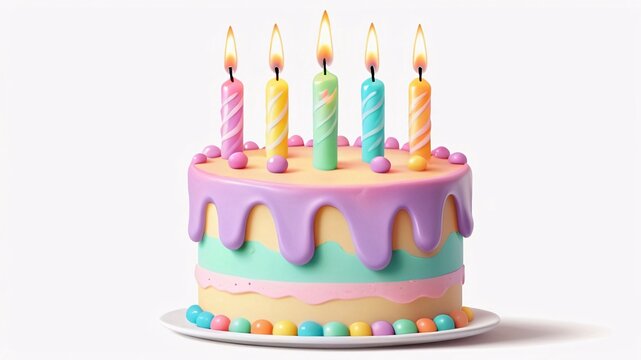 recommend clip art: Colorful birthday cake with lit candles.