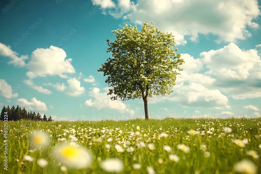 Canvas Prints Single tree in a field of daisies with blue sky and clouds