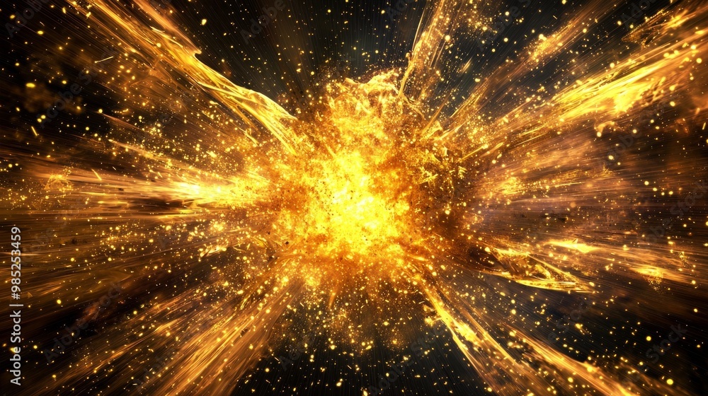 Poster dynamic composition features a radiant burst of golden particles exploding energetically in all dire