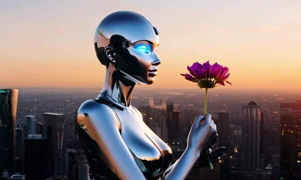 A sleek, silver-skinned woman AI humanoid robot with glowing blue eyes, standing in a futuristic cityscape at sunset