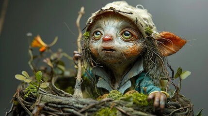 Whimsical Fantasy Creature Sculpture in a Forest Setting