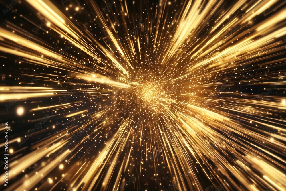 Poster mesmerizing burst of golden particles erupts from the center, glowing brilliantly as they scatter en