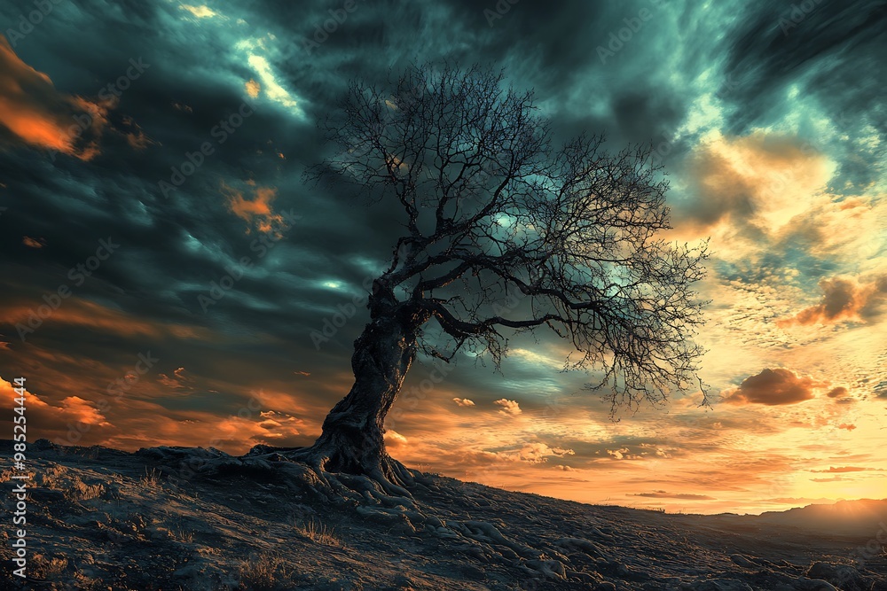 Poster Lonely Tree Silhouette Against Dramatic Sunset Sky