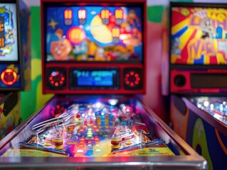 Brighton arcade pinball game machine with colorful, shiny details. Close-up of illuminated game machine with fun, playful design. Bright lights, colorful shapes, vibrant colors create lively