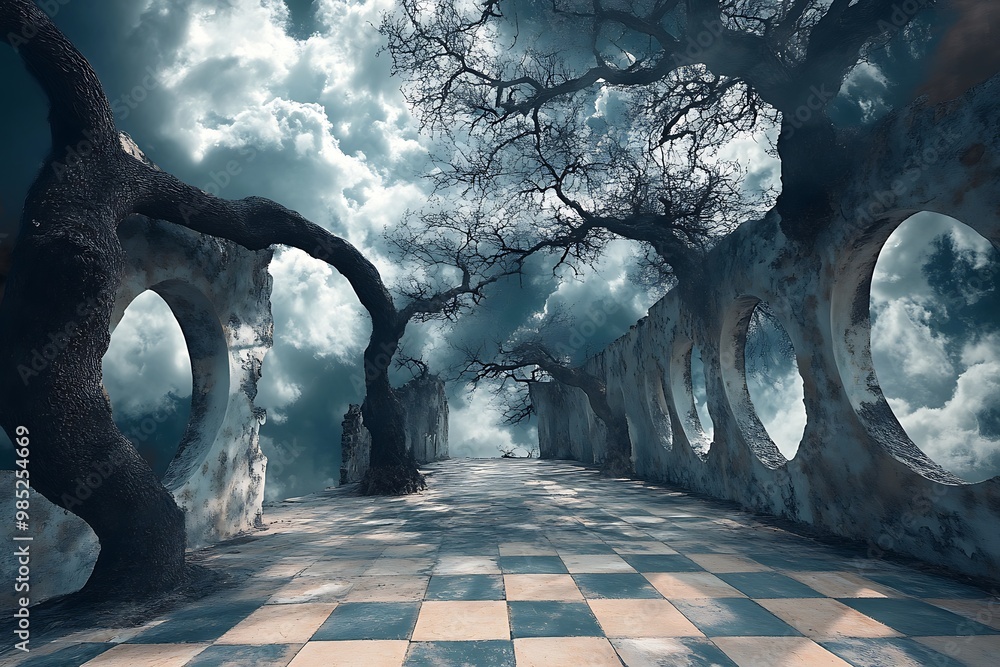 Poster surreal pathway through a mystical forest with a checkered floor and cloudy sky