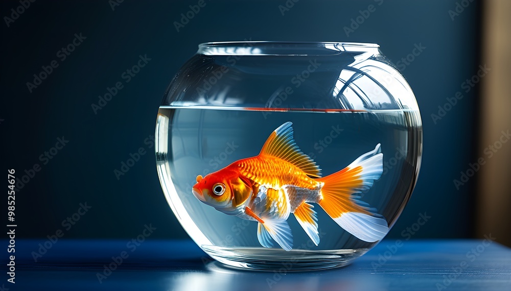 Wall mural Vibrant goldfish gliding gracefully in crystal-clear water of a glass bowl atop a blue table, set against a deep blue backdrop