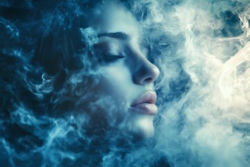 Woman surrounded by ethereal blue smoke, dreaming or lost in thought.