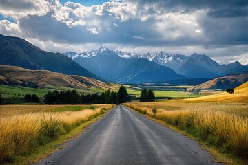Naklejka premium Asphalt road through rolling fields to majestic mountains in rural New Zealand. Scenic route winds way through rich green grasslands, towards rugged highland mountains. Clear blue sky with white