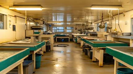 Fototapeta premium Interior of a fish processing facility with workstations and storage areas.