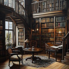 Hyperrealistic Library Painting: Cozy, Antique Books, Warm Atmosphere
