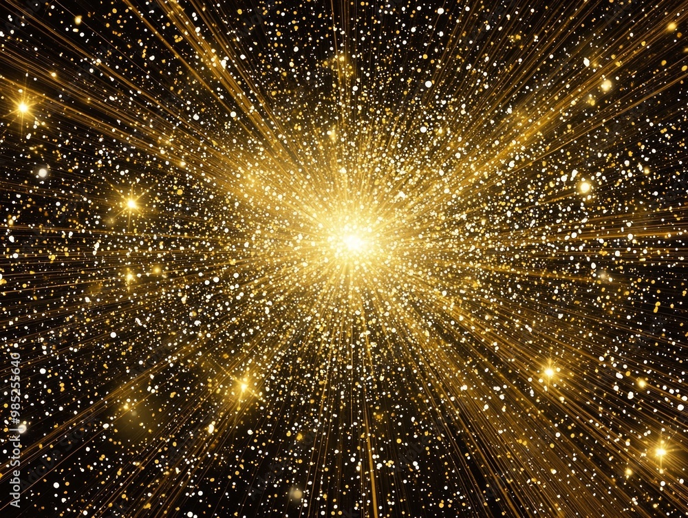 Poster golden particles burst forth in a mesmerizing explosion, forming a glowing sphere of light that radi