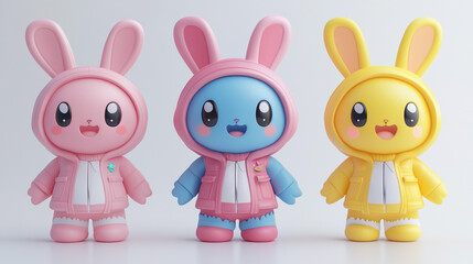 Fototapeta premium Colorful bunny figures in playful outfits, perfect for children's decor and playful themes.