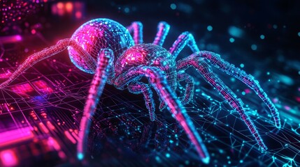 A digital spider crawls on a circuit board.