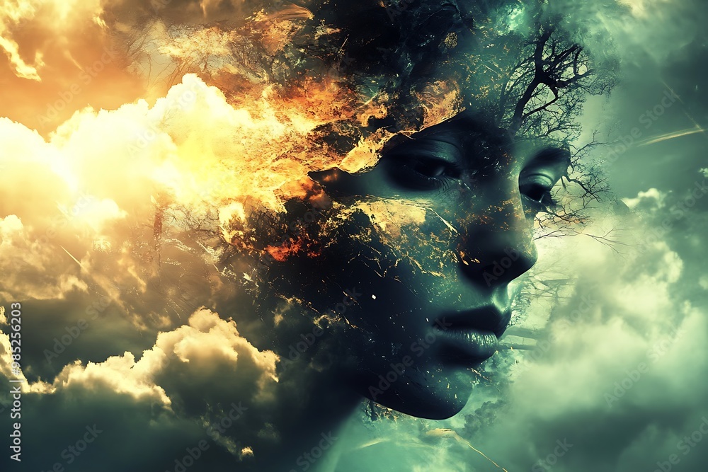 Poster Abstract Woman Silhouette with Clouds, Sky, and Tree Branches Surreal Art Background