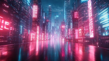 Obraz premium Futuristic Cityscape with Neon Lights and Reflections