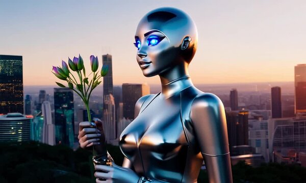 A sleek, silver-skinned woman AI humanoid robot with glowing blue eyes, standing in a futuristic cityscape at sunset