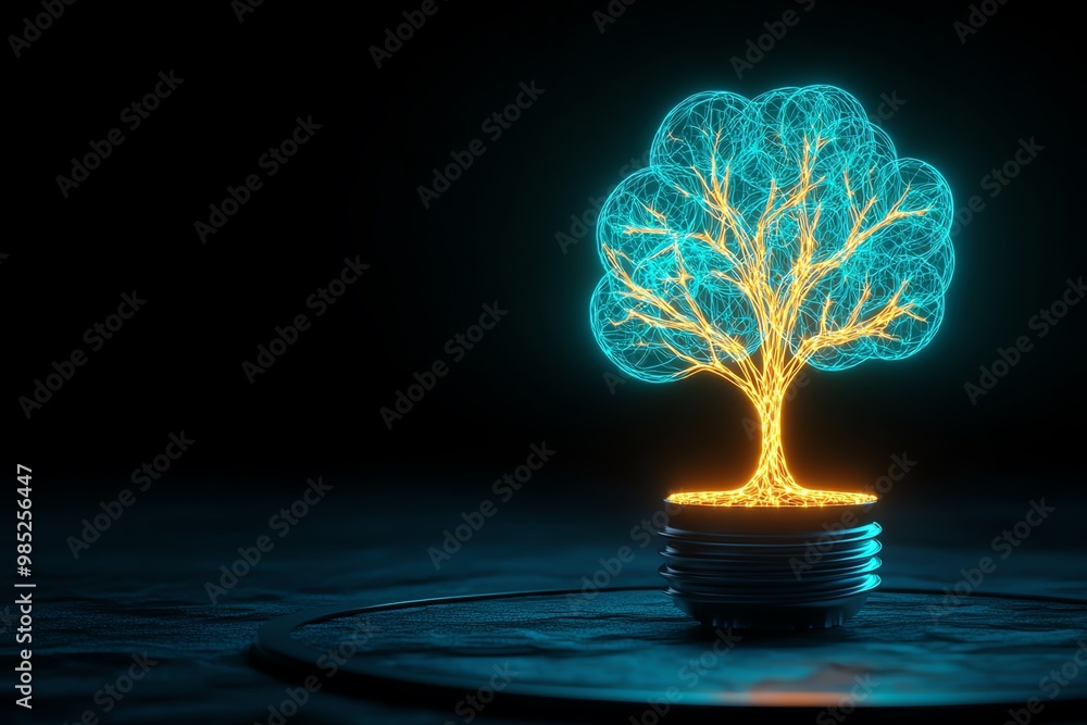 Poster incubator as a tree of ideas, with glowing branches representing new business concepts growing