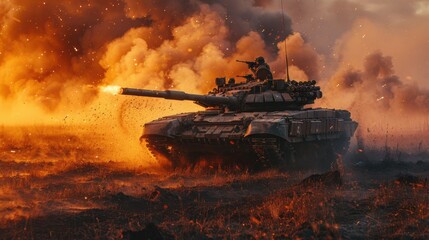 A highly realistic image of a person engaged in Soldiers – Driving tanks in a mock battlefield The scene is well-lit, with natural light highlighting the details. The background is slightly 