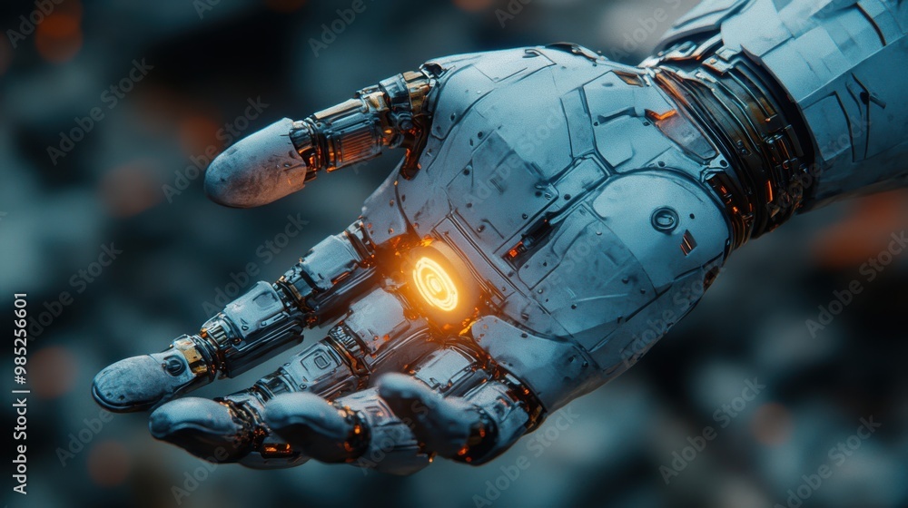 Poster robot pressing button our vision on virtual screenrender