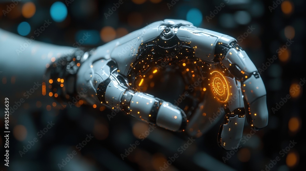 Poster robot pressing button our vision on virtual screenrender