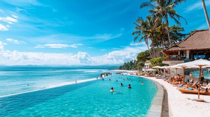 A luxury resort on the beaches of Bali, with palm trees, infinity pools, and tourists lounging under the tropical sun