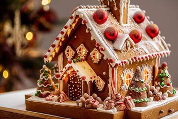Gingerbread house decoration for Christmas. Close-up of a sweet pastry with festive design. Winter season decoration for home. Traditional Christmas treat.